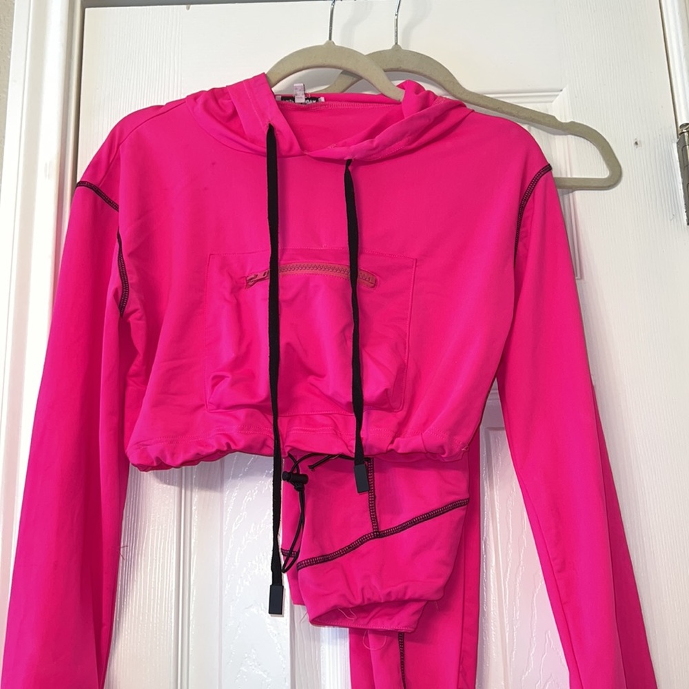 FASHION NOVA HOT PINK NEON SLINKY TWO PIECE SET SWEAT SET SIZE XS HODDIE LEGGING